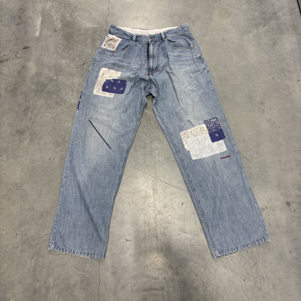 A.Tiziano Mens Patchwork Bandana Denim Jeans Blue Size 34